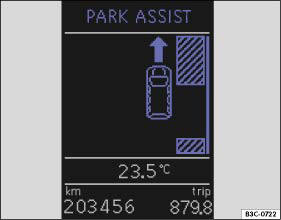 Abb. 32 Display des Kombi-Instruments: Parklücke erkannt mit dem Hinweis (Pfeil)
