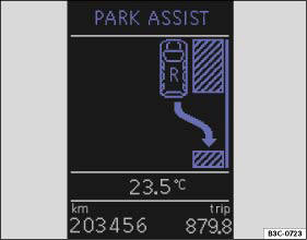Abb. 33 Display des Kombi-Instruments: Parklücke erkannt mit dem Hinweis (R
