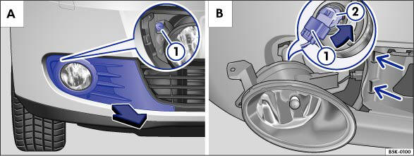 Abb. 57 Abbildung A: Nebelscheinwerfer ausbauen (Golf); Abbildung B: