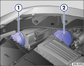 Abb. 55 Im Motorraum: Abdeckung für die Gasentladungslampe (1) und für das